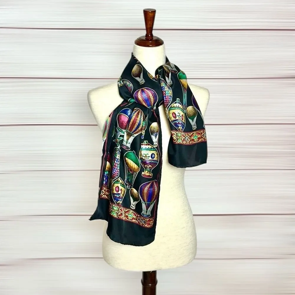 Hot Air Balloons Silk Scarf Black Rectangle 13.5x57” Hand Rolled made in Korea